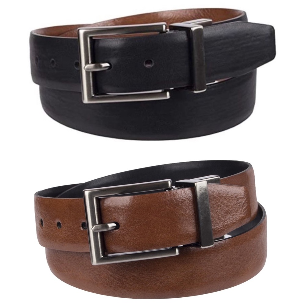 Chaps Boys Reversible Black Brown Faux Leather Belt Silver Square Buckle